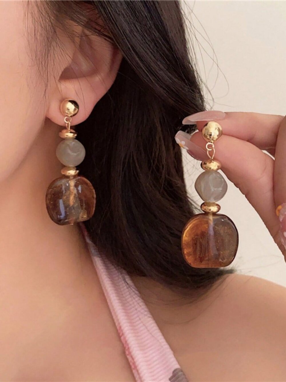 Coffee Boho Women's Resin Acrylic Pendant Earrings - Picture 2 of 5